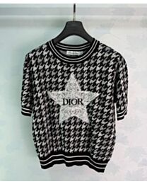 Christian Dior Women's Short-Sleeved Houndstooth Knit Sweater Black