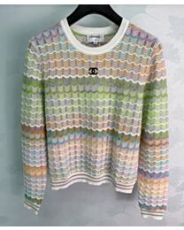 Chanel Women's Long-Sleeve Crew-Neck Sweater With A Wavy Knit Pattern Green