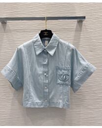 Chanel Women's Washed Denim Embroidered Cropped Shirt Blue