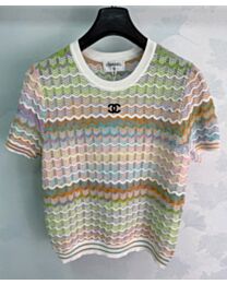 Chanel Women's Short-Sleeved Knit Top With A Wavy Pattern Green