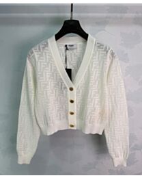 Fendi Women's V-Neck Jacquard Button-Knit Cardigan White