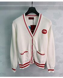 Gucci Women's Striped-Trim Embroidered Knit Cardigan White