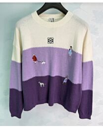 Loewe Women's Embroidered Color-Block Crew-Neck Sweater Purple