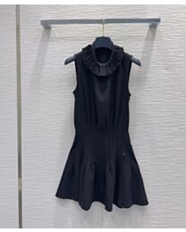 Louis Vuitton Women's Sleeveless Silk Dress With Pleated Stand Collar Black