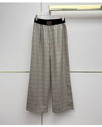 Miu Miu Women's Wide-Leg Trousers With A Letter And Check Pattern Gray