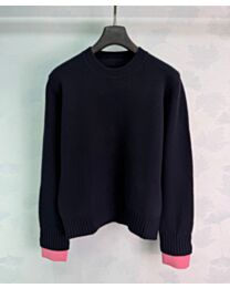 Prada Women's Wool Crew-Neck Sweater With Contrast Cuffs Dark Blue