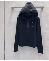 Prada Women's Nylon-Panelled Hooded Long-Sleeve Top Black