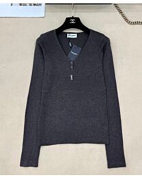 Saint Laurent Women's V-Neck Long-Sleeve Knit Top Gray