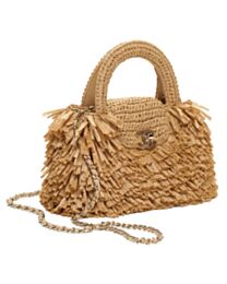 Chanel Mini Tote Bag Fringed Raffia Wood AS4416 Apricot
